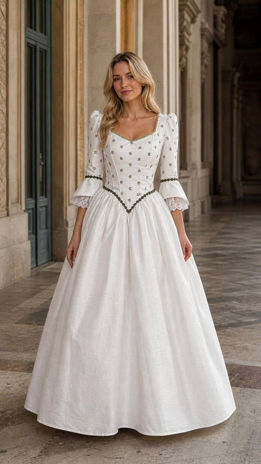 Front view of woman wearing white Renaissance vintage maxi dress