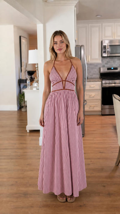 Front view of pink and white striped maxi dress