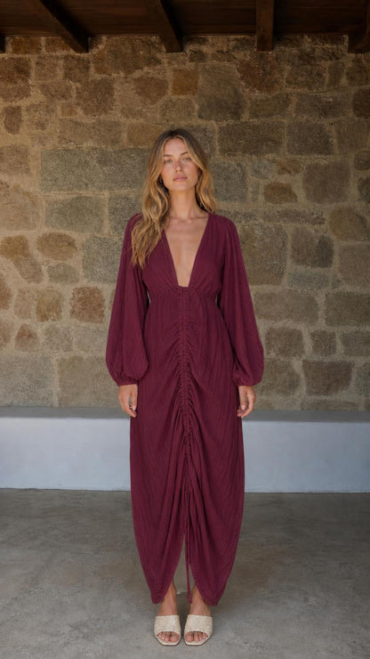 Front view of Burgundy V-Neck Ruched Long Sleeve Maxi Dress